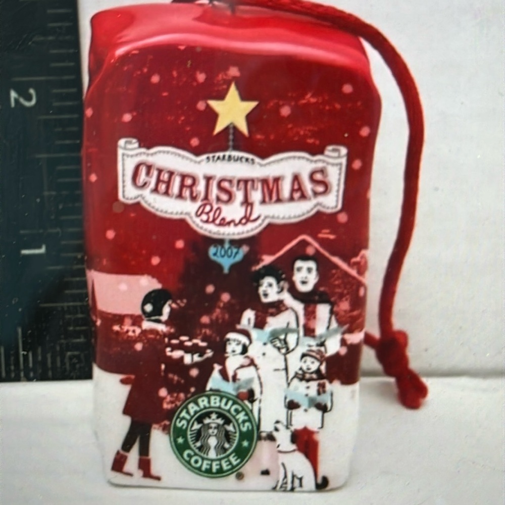 Starbucks Christmas Blend Coffee Beans Red Bag Ceramicic Christmas Ornament 2007